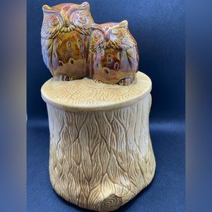 Vintage MCM Owls on Tree Stump Owl Ceramic Cookie Jar with Lid 10"